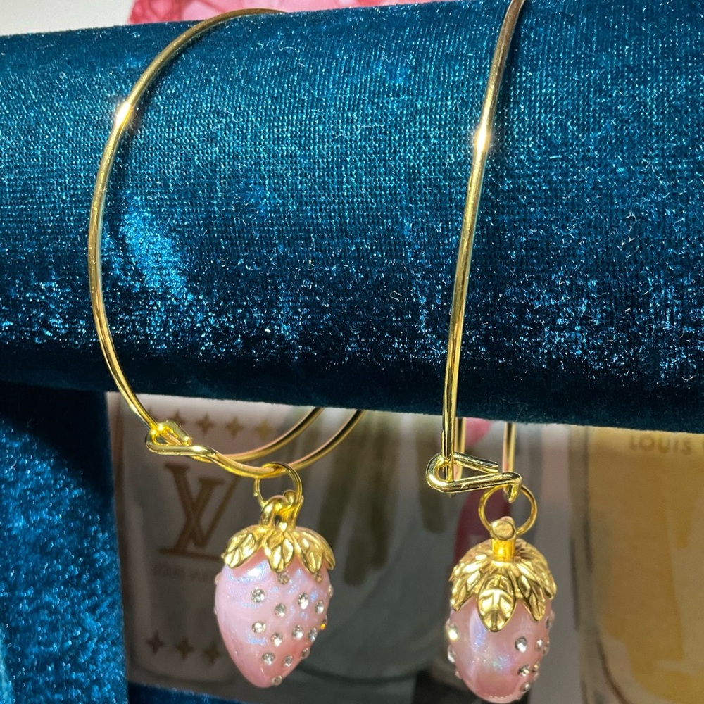 Gold Bangle with Pink Strawberry Charms